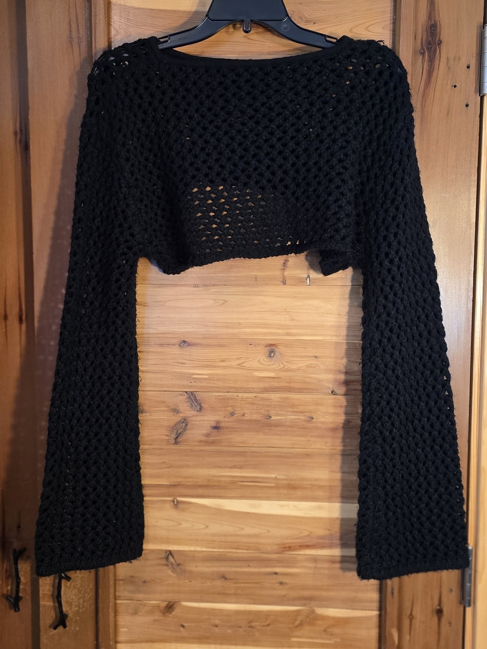 Black Cropped Open-Knit Women's Sweater